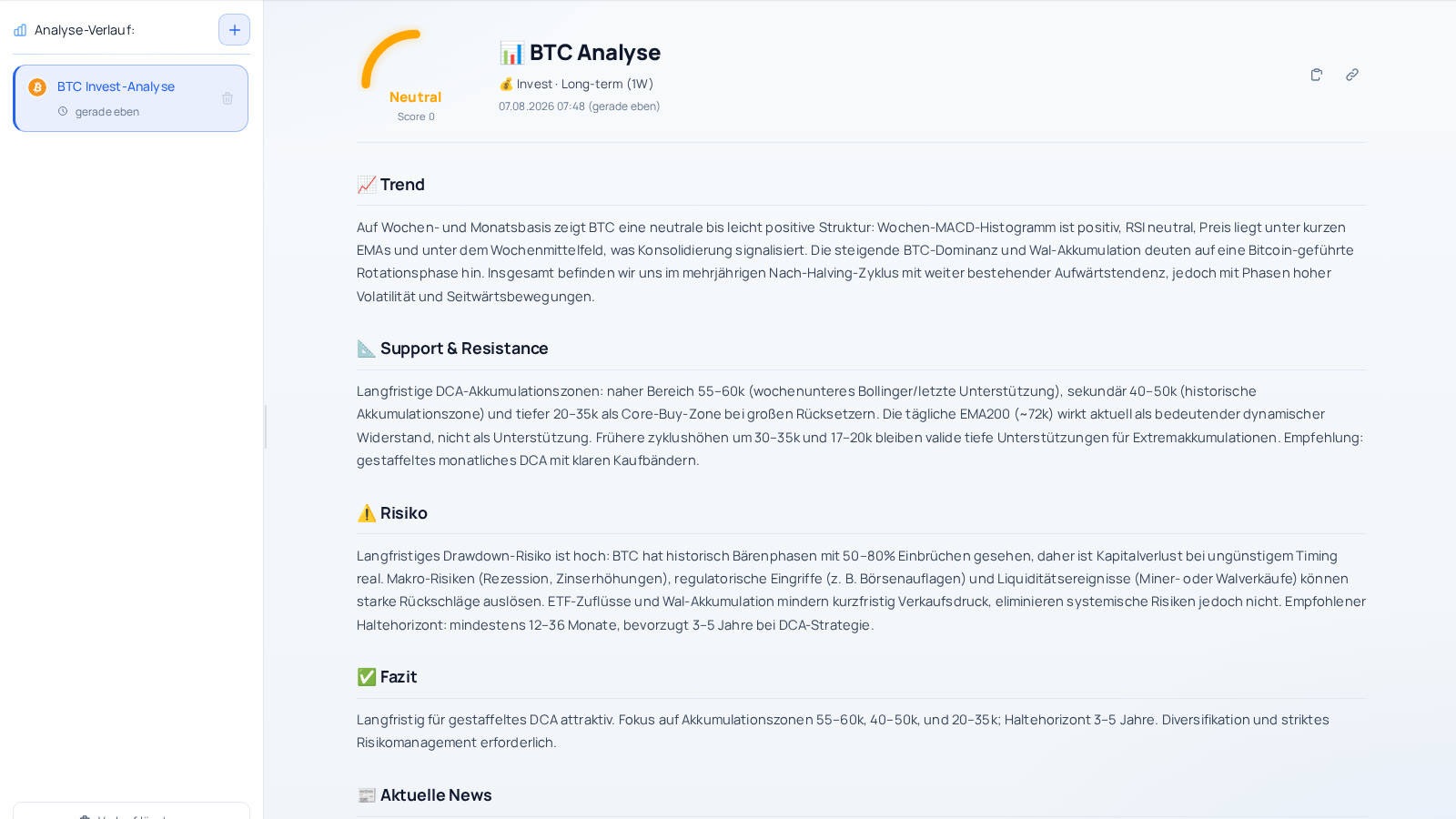 Aion – KI-Analyse für Bitcoin im hellen Design: Score, Trend, Risiko und Fazit
